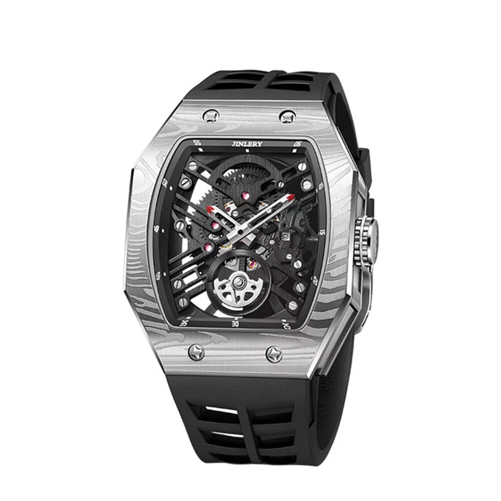 JINLERY Skeleton Automatic Mechanical Men Tourbillon Tonneau Wrist Watch Steel Rubber Sapphire Crystal Waterproof Richard Hollow Clock