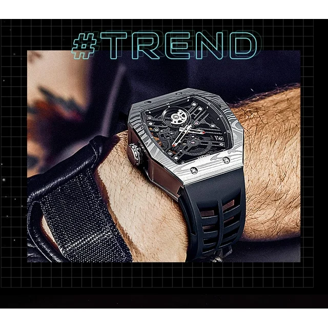 JINLERY Skeleton Automatic Mechanical Men Tourbillon Tonneau Wrist Watch Steel Rubber Sapphire Crystal Waterproof Richard Hollow Clock