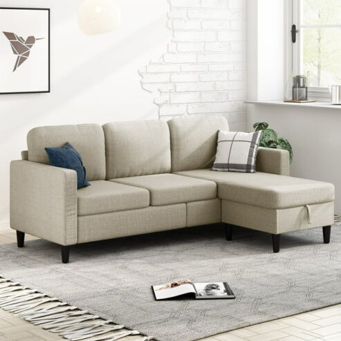 MUZZ Sectional Sofa with Movable Ottoman, Free Combination Sectional Couch, Small L Shaped Sectional Sofa with Storage Ottoman, Modern Linen Fabric Wood Frame Sofa Set for Living Room (Beige)