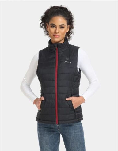 New Ororo Heated Padded Vest Full Zip Sleeveless – Black with Burgundy Zipper