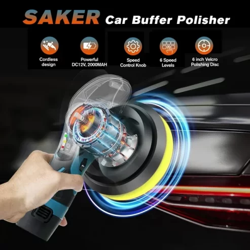 Saker 6 Inch Car Buffer Polisher, Cordless Polishing Machine Kit for Car Detailing, Extra 10PCS Attachments(2PCS 12V 2000mAh Batteries)