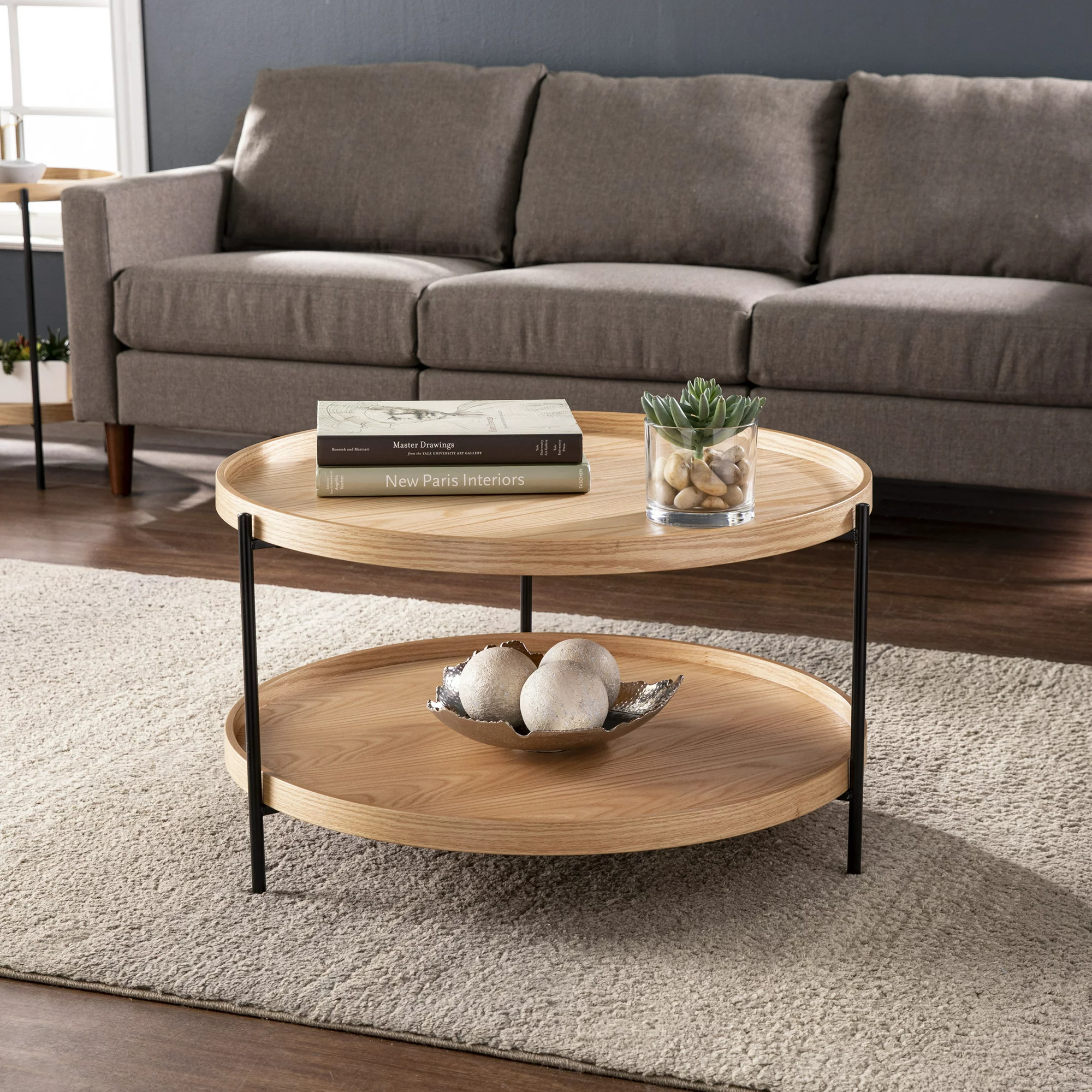 Southern Enterprises Verlona Contemporary Wood and Metal Round Coffee Table, Natural/Black
