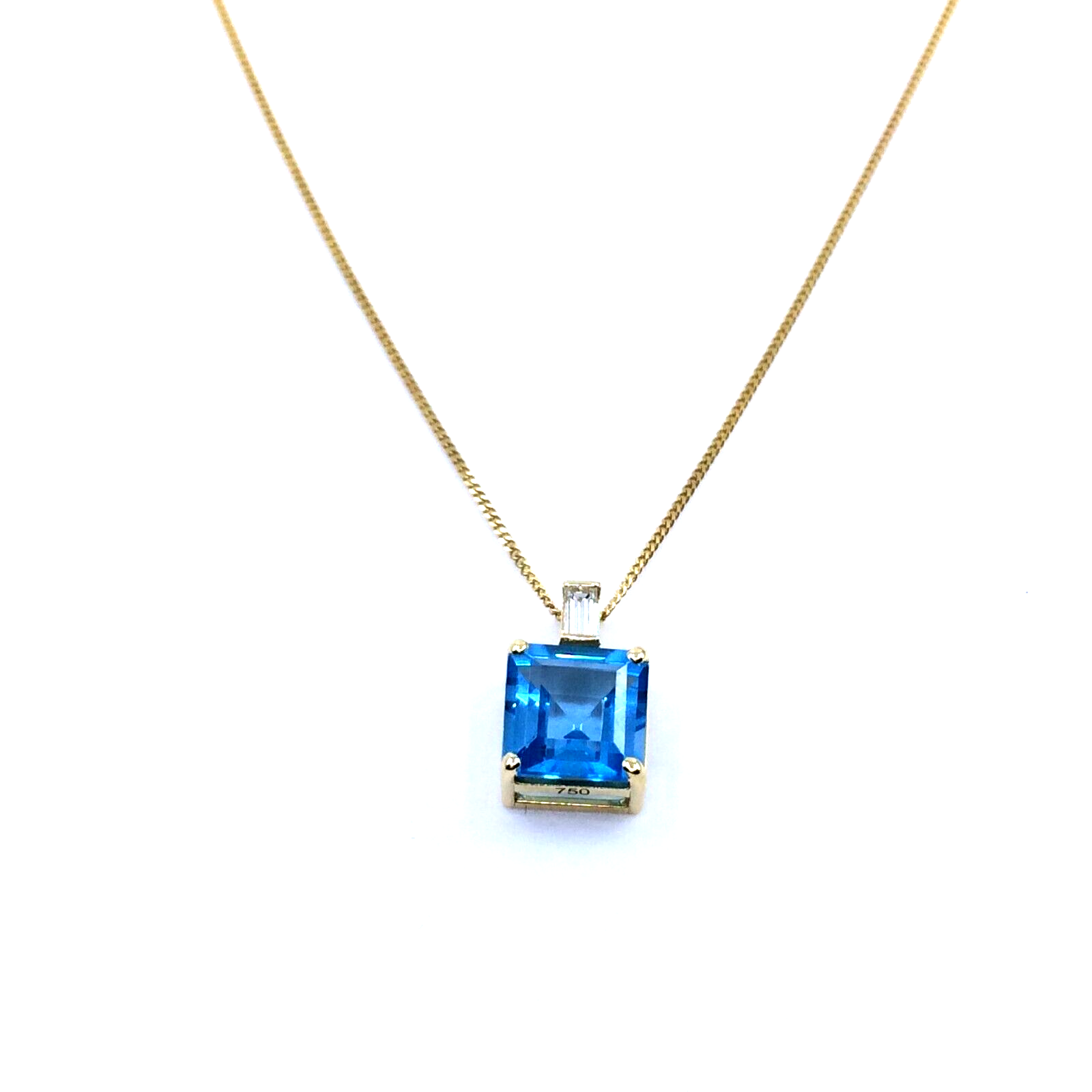 Women’s Curb Necklace 18k Yellow Gold Natural Square Blue Topaz Baguette Diamond