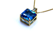 Women’s Curb Necklace 18k Yellow Gold Natural Square Blue Topaz Baguette Diamond