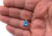 Women’s Curb Necklace 18k Yellow Gold Natural Square Blue Topaz Baguette Diamond