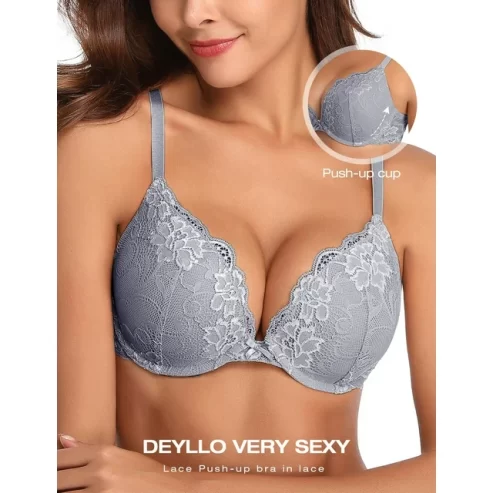 Deyllo Women’s Sexy Lace Push Up Padded Plunge Add Cups Underwire Lift Up Bra, Unique Gray 36D