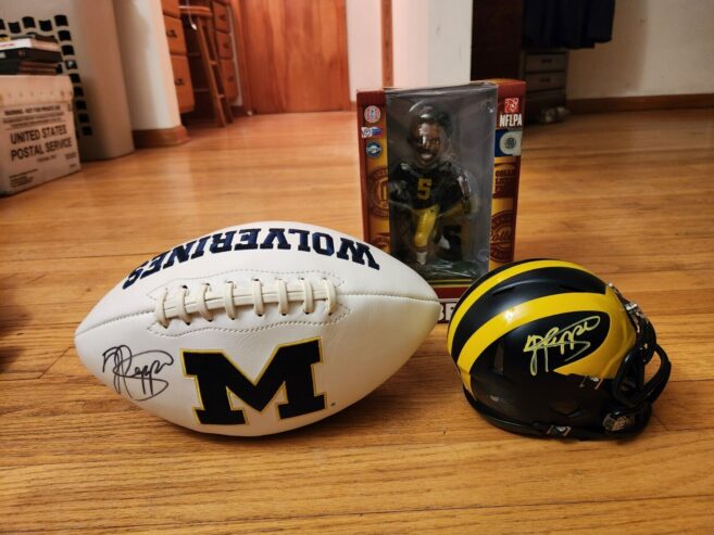 Jabrill Peppers Michigan Wolverines SIGNED Football + Helmet COA’s + Bobblehead