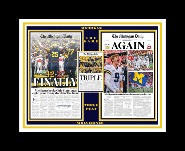 MICHIGAN WOLVERINES BEAT OHIO STATE 30-24 IN 2023 FOOTBALL 3 PEAT MATTED PIC #1