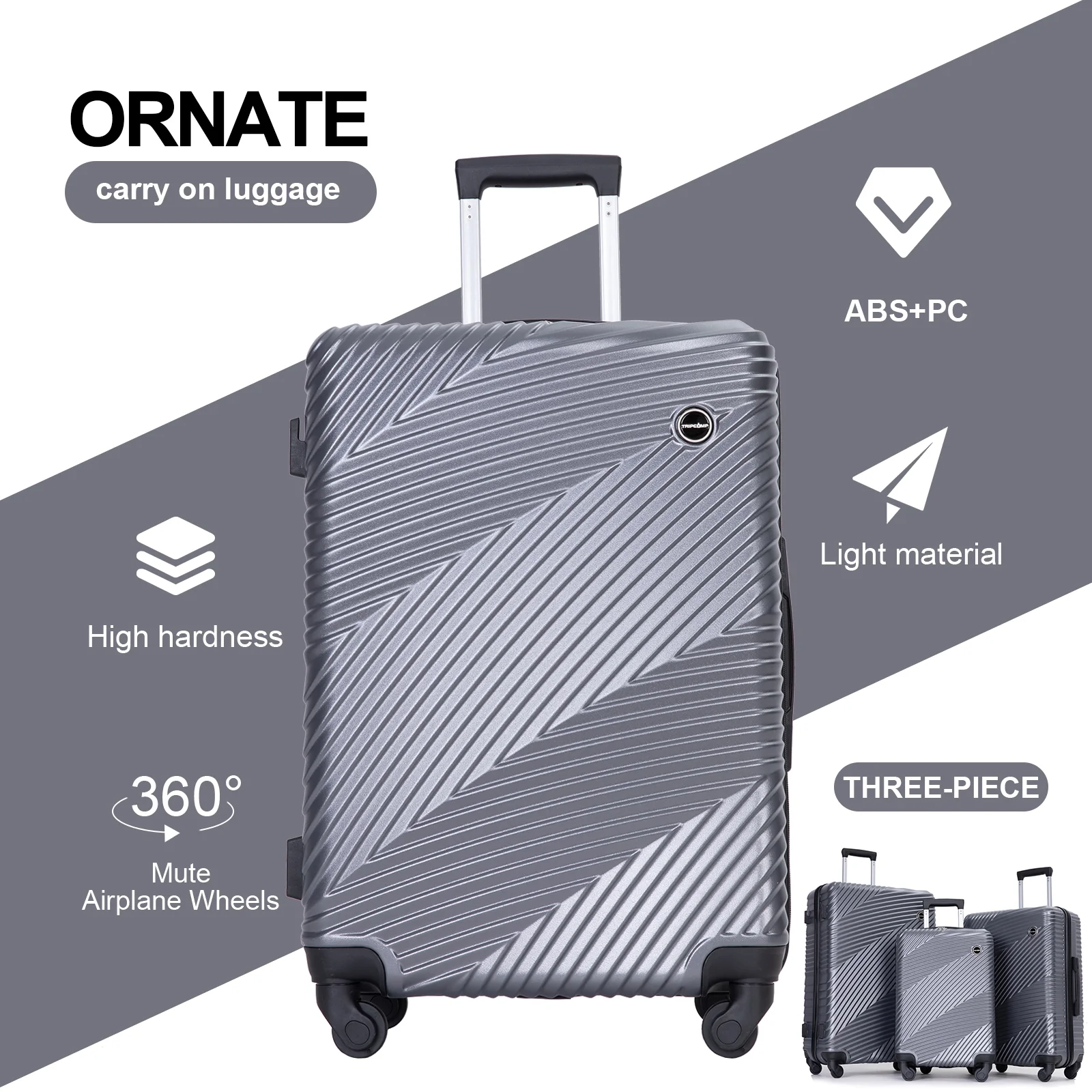 Tripcomp Luggage 3 Piece Set,Suitcase Set with Spinner Wheels Hardside Lightweight Luggage Set 20in24in28in.(Dark Grey)