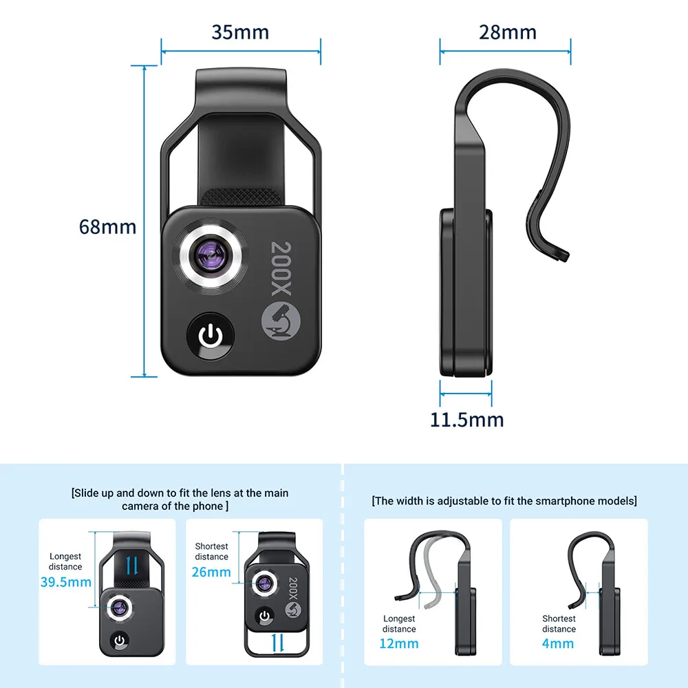 Apexel 200X Phone Microscope Lens Universal Phone Clip LED Fill Light D789