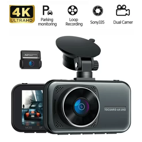 Toguard 4K Dash Cam Front and Rear Dual Dash Camera 3-inch LCD WDR Car Camera with Parking Monitor, Loop Recording, G-Sensor Function, Motion Detection, Built-in Battery