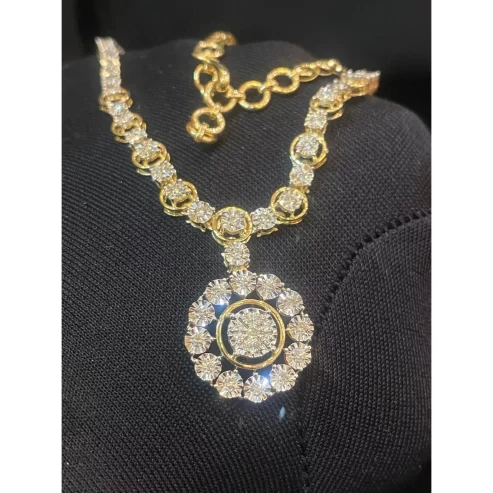 1.62 Carats Round Brilliant Cut Natural Diamonds Victorian Necklace In Hallmark 14K Yellow Gold