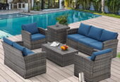 AECOJOY 7 Pieces Outdoor Furniture Set with Two Storage Boxes, Rattan Wicker Sectional Sofa Couch Patio Conversation Set, Dark Blue