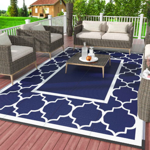 DEORAB 6’x9′ Outdoor Rug Patio Clearance Straw Plastic Mat Deck Porch Camper Balcony Blue White