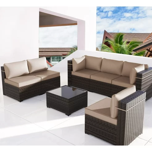 Kullavik 7 Pieces Patio Furniture Set PE Rattan Wicker Outdoor Furniture Sectional Sofa Patio Conversation Set with Coffee Table and Seat Cushion,Sand