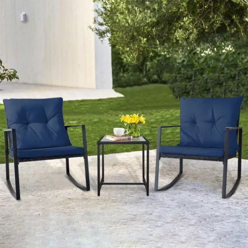 SUNCROWN 3-Piece Outdoor Patio Bistro Set Black Wicker Rocking Chairs with Coffee Table (Dark Blue)