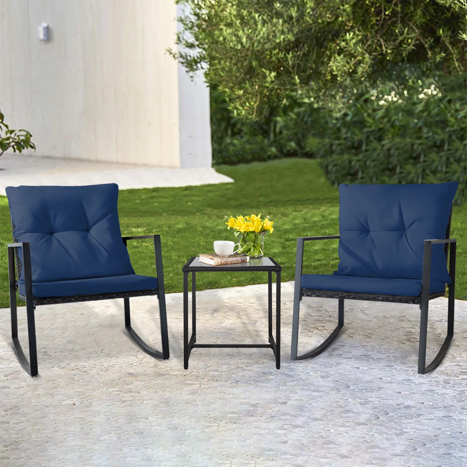 SUNCROWN 3-Piece Outdoor Patio Bistro Set Black Wicker Rocking Chairs with Coffee Table (Dark Blue)