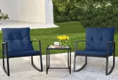 SUNCROWN 3-Piece Outdoor Patio Bistro Set Black Wicker Rocking Chairs with Coffee Table (Dark Blue)