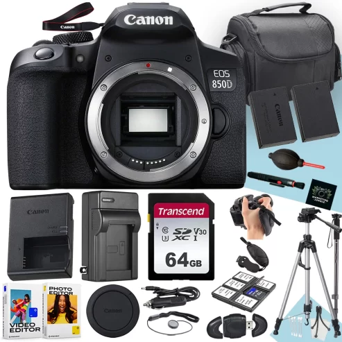 Canon EOS 850D / Rebel T8i DSLR Camera (Body Only) + 64 GB Memory + Tripod + Monopod + Extra Battery + More (20pc Bundle)