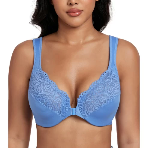 Exclare Everyday Bra Women’s Plus Size Front Closure U-Back Underwire Wide Strap(Aqua-Blue,46C)