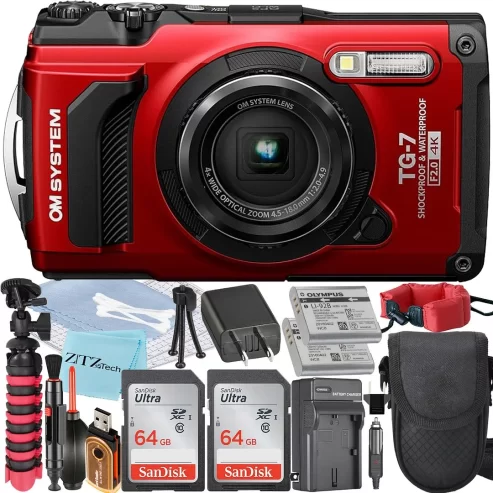 Olympus OM SYSTEM Tough TG-7 Digital Camera (Red) + 2 Pack SanDisk 64GB Memory Card + Extra Battery + ZeeTech Accessory Bundle (Professional Kit)