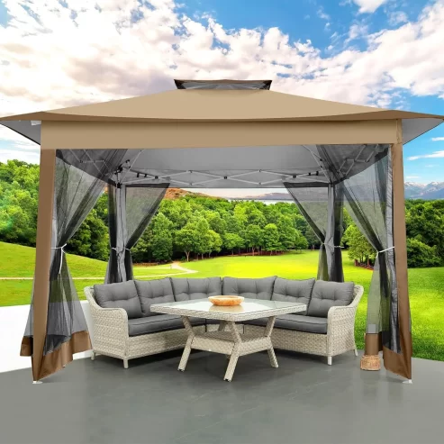 COBIZI 12×12 Outdoor Gazebo Pop-up Gazebo Canopy with Mosquito Netting Patio Tent Backyard Canopy with 2-Tiered Vented Top 3 Adjustable Height, Brown