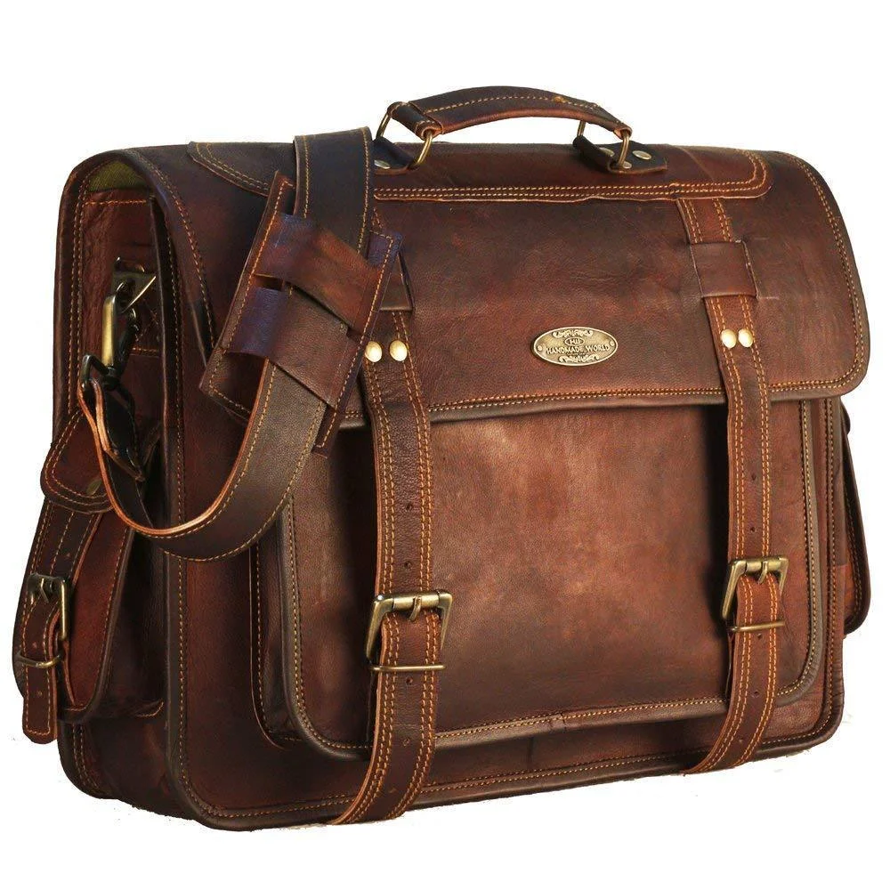 Hulsh 18 inch Vintage Leather Laptop Bags for Men Brown Full Grain Large Leather Messenger Bag for Men W/Rustic Look Best Leather Briefcase Computer Satchel Crossbody Shoulder Bag Brown