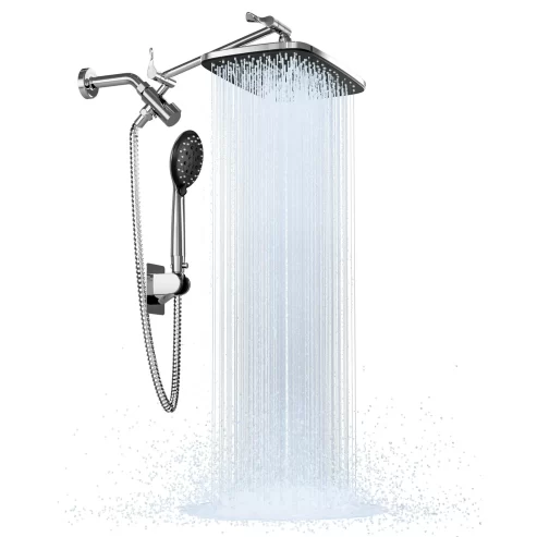 Ophanie 12 Inch High Pressure Rain Shower Head Combo with Adjustable Extension Arm – Wide Rainfall & 5 Spray Handheld Showerhead – Dual Anti-Clog Nozzles for Ultimate Shower Experience, Silver Chrome