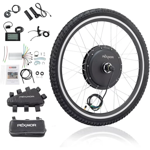 PEXMOR Electric Bike Conversion Kit, 48V 1000W 26″ Front/Rear Wheel w/Tire Ebike Conversion Kit, Electric Bicycle Hub Motor Kit with LCD Display/Controller/PAS/Brake Lever/Torque Arm