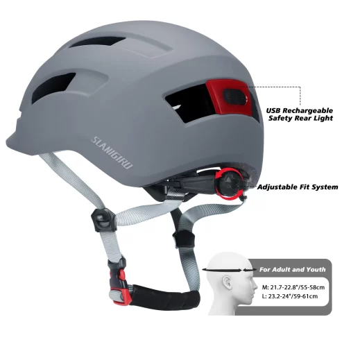 SLANIGIRO Adult Bike Helmet with Light – Commuter Bicycle Road Cycling Helmet with Replacement Pads for Men Women Gray