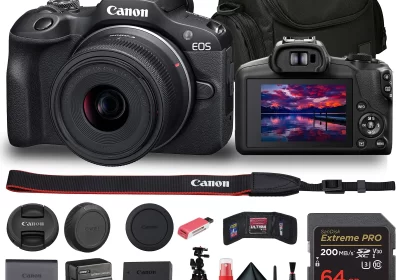 Canon-EOS-R100-Mirrorless-Camera-with-18-45mm-Lens-6052C012-Bag-64GB-Card-LPE17-Battery-Charger-Card-Reader-Flex-Tripod-Cleaning-Kit-Memory-Wallet-cipads-freeads