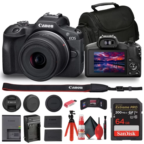 Canon EOS R100 Mirrorless Camera with 18-45mm Lens (6052C012) + Bag + 64GB Card + LPE17 Battery + Charger + Card Reader + Flex Tripod + Cleaning Kit + Memory Wallet at walmart.com near me