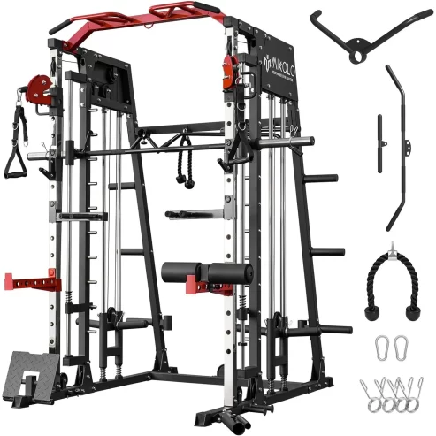 Mikolo Smith Machine Home Gym, 2200 lbs Power Rack Cage with Cable Crossover, Weight Bar, 360° Landmine, Barbell Holders and Other Attachments, Total Body Strength Training Cage,