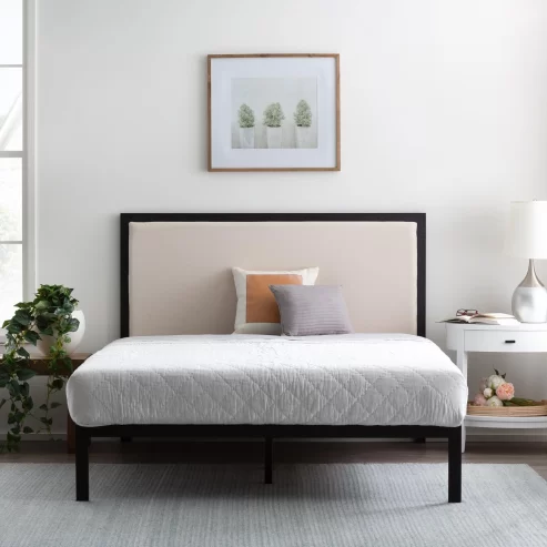 Rest Haven Metal Platform Bed Frame with Upholstered Headboard, Queen, Oat at walmart.com