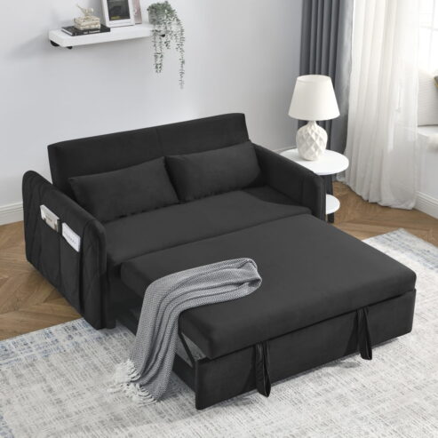 3 in 1 Convertible Sleeper Sofa Bed, 55″ Modern Convertible Sofa Bed with 2 Detachable Arm Pockets,Velvet Pull Out Couch with Pull Out Bed for Living Room Furniture,Black near me