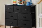 7-Drawer Dresser and TV Stand – Perfect for Kid Rooms, Closets, Entryways, and Nurseries. Features Fabric Bins and a Wooden Top for TVs up to 45 inches, Black Near Me