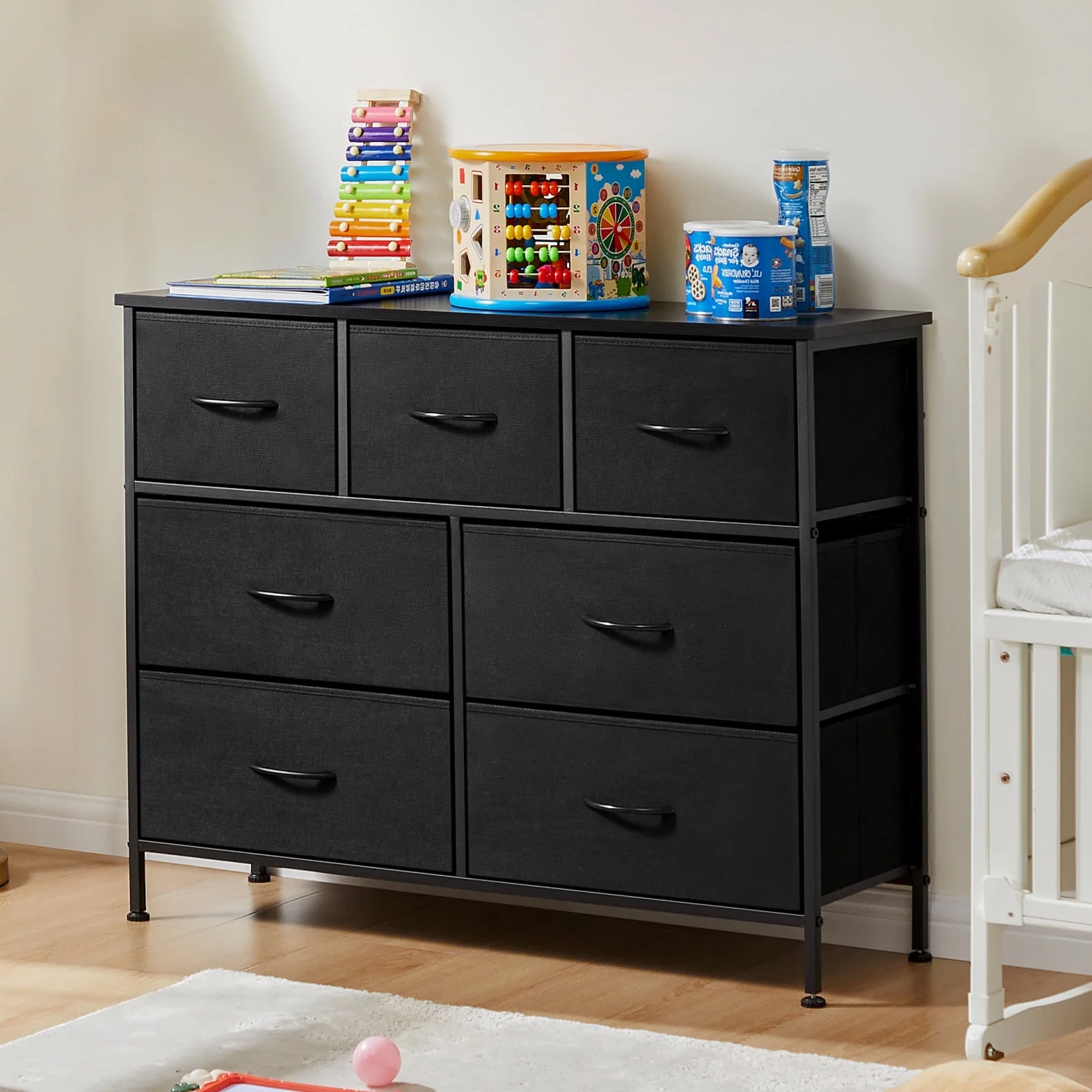 7-Drawer Dresser and TV Stand – Perfect for Kid Rooms, Closets, Entryways, and Nurseries. Features Fabric Bins and a Wooden Top for TVs up to 45 inches, Black Near Me