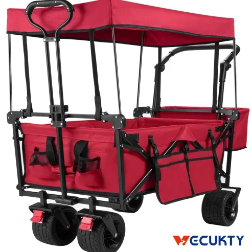 Collapsible Garden Wagon Cart with Removable Canopy, VECUKTY Foldable Wagon Utility Carts with Wheels and Rear Storage, Wagon Cart for Garden Camping Grocery Shopping Cart, Red Near Me