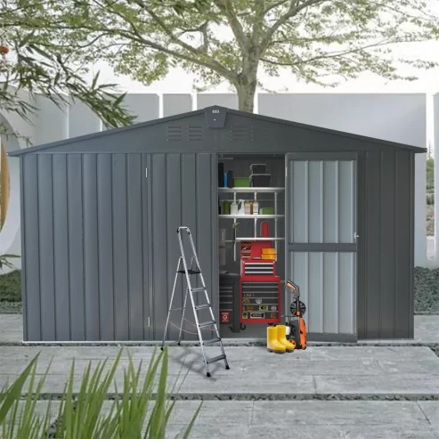 Donext Backyard Storage Shed 11’x 9′ with Galvanized Steel Frame & Windows, Outdoor Garden Shed Metal Utility Tool Storage Room with Lockable Door for Patio, Dark Gray Near Me