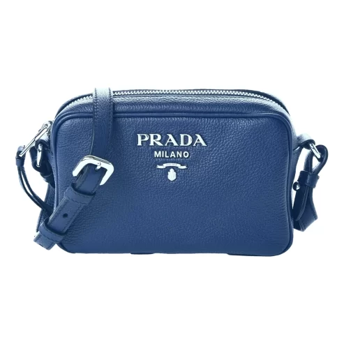 Prada Vitello Phenix Blue Leather Silver Logo Small Camera Crossbody Bag,