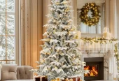 Uforic 6.5ft Pre-Lit Snow Flocked Artificial Christmas Tree,Layered Artificial Christmas Tree with 760 PE & PVC Mixed Branch Tips and 350 Lights, for Home, Office, and Party Decor Near me