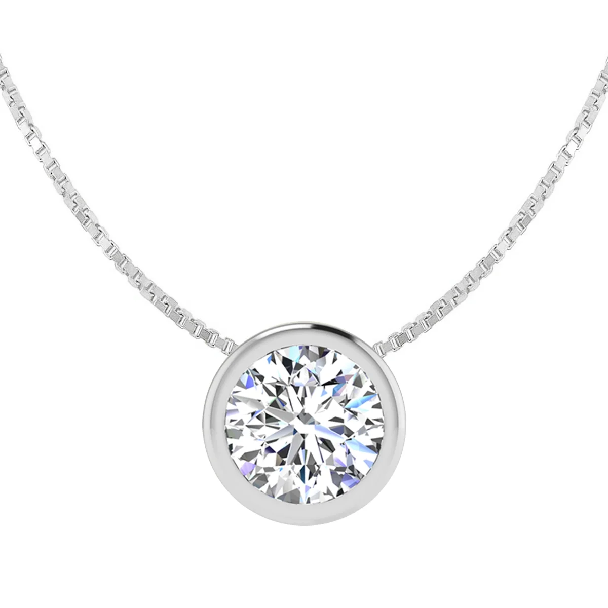 SuperJeweler 1 Carat Round Shape Lab Grown Diamond Solitaire Necklace In 14K White Gold, Bezel Setting For Women Near Me