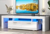 UHOMEPRO TV Stand for TV up to 70″, Living Room Entertainment Center with RGB LED Lights and Storage Shelves Furniture, White High Gloss TV Cabinet Console Table Near Me