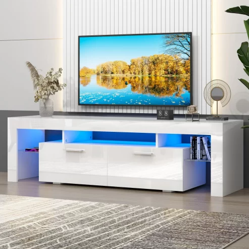 UHOMEPRO TV Stand for TV up to 70″, Living Room Entertainment Center with RGB LED Lights and Storage Shelves Furniture, White High Gloss TV Cabinet Console Table Near Me