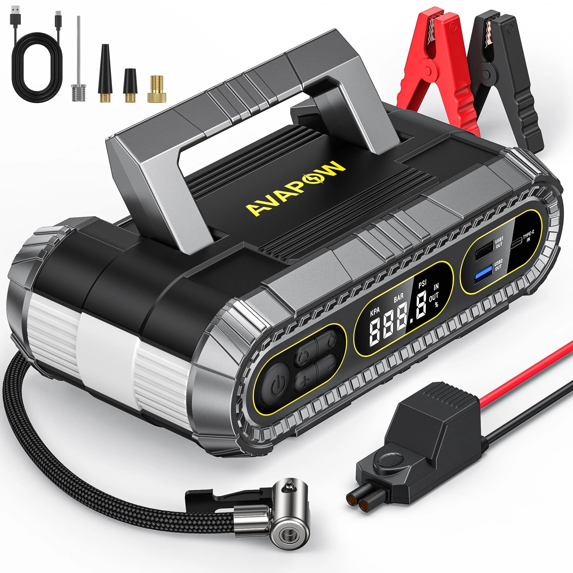 AVAPOW Jump Starter with Air Compressor, 4000A Battery Jump Starter (for All Gas or Up to 10L Diesel), 150PSI Digital Tire Inflator with Emergency Light,