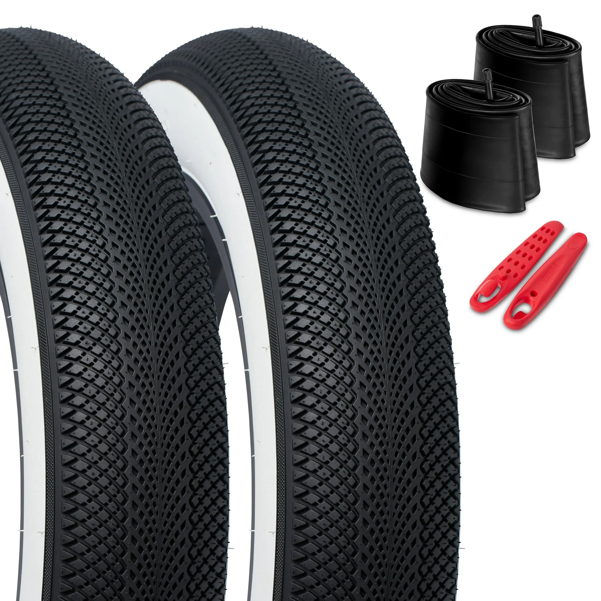 Happy Ebikes CITYSCAPE Fat Tire Set, All-Terrain 20 Inch Bike Tires for E-bike, MTB, Motorcycle Tires, Mountain Bike Tires, Whitewall, 20’’ x 4’’, 2-Pack