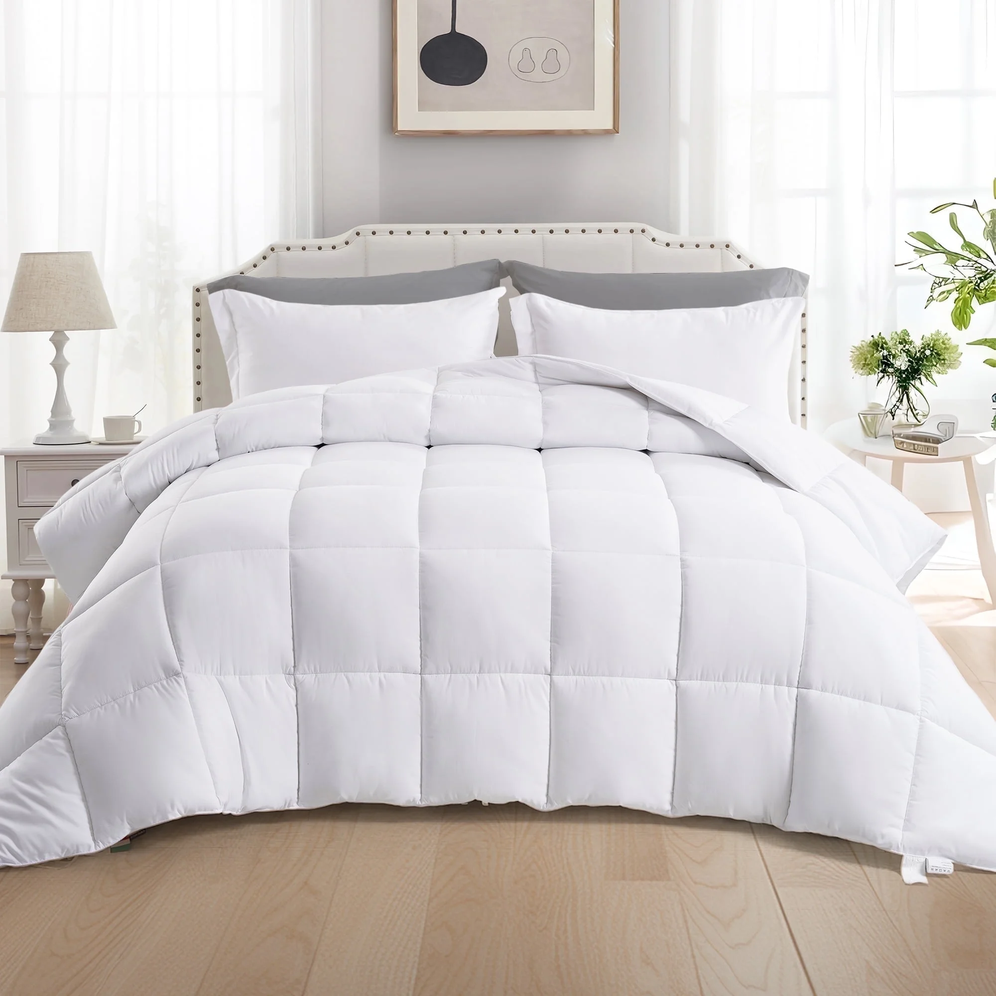 INGALIK All Season Comforter Set Queen Size, Quilted Down Alternative Comforter with Corner Tabs, Soft Luxury Hotel Bedding Comforter Duvet Insert, Winter Warm, White