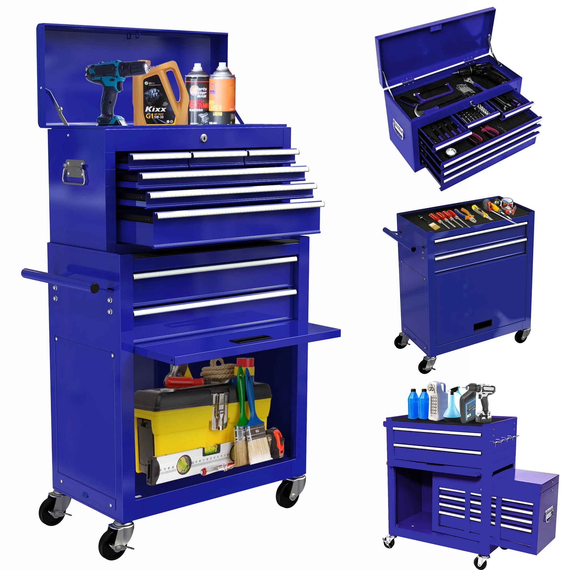 Tool Chest with Drawers, 2-IN-1 Rolling Tool Chest & Cabinet Large Capacity with 8 Drawers, Lockable Tool Box Organizer On Wheels with Sliding Drawers, Hidden Double Tool Box, Blue