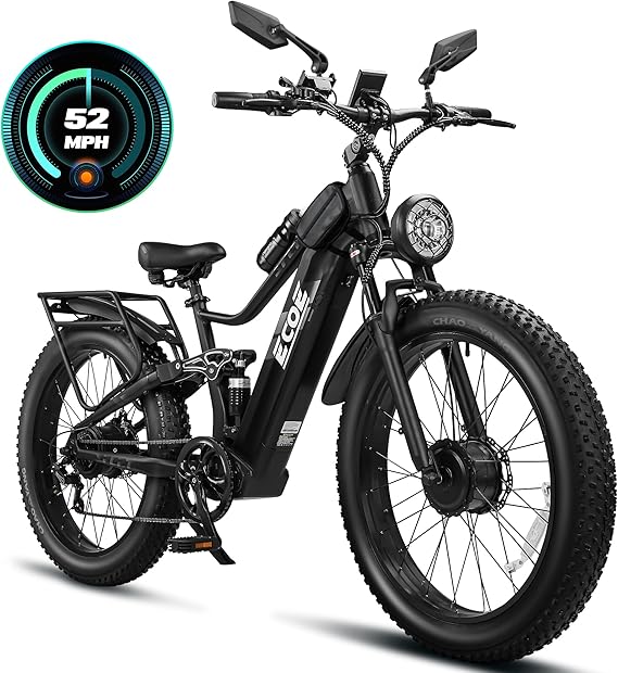 5000W Dual Motor Electric Bike for Adults 50MPH with 60V 32AH Battery, 26×4 Fat Tire All Terrain Ebikes, Full Suspension E Bike, SHM 7-Speed Gear
