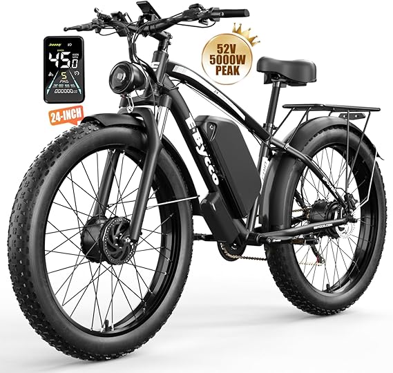 E·Bycco 5000W Peak Dual Motors Electric Bike for Adults, 52V 32Ah Battery up to 100Miles, 40-45MPH Fast Ebike, 24″*4.0 Fat Tire Hydraulic Disc Brake E-Bicycle, Off-Road Mountain Hunting E-Bike for Men